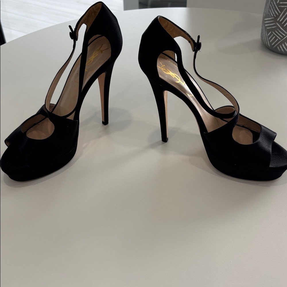 YSL Black Satin Platform Ankle Strap Stiletto Heels EU 38 Excellent Condition - Picture 6 of 7